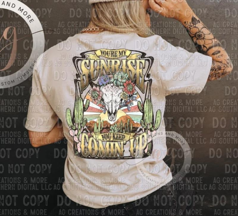 Western Boho Skull T Shirt, Youre My Sunrise Graphic Tee, Desert Sunset Shirt, Pocket Style Western Outfit