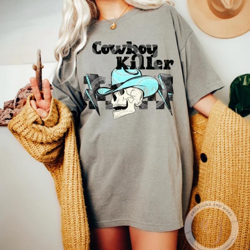 Western T Shirt, Retro Cowboy Killer T Shirt, Skeleton Graphic Tee, Vintage Country Shirt Design A26H5