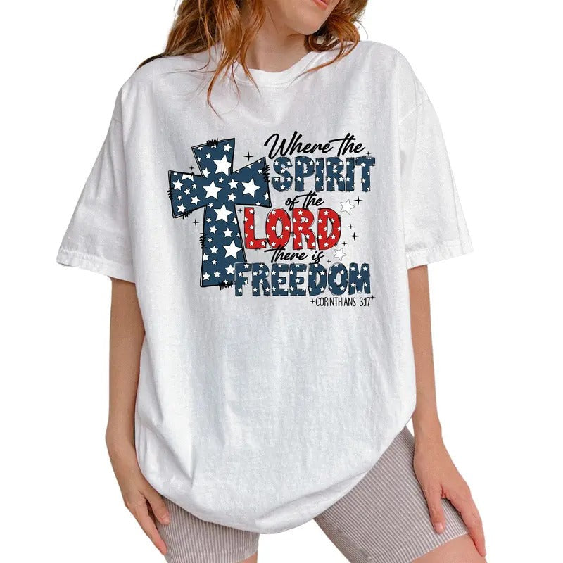 Where The Spirit Of The Lord Shirt, Christian America Graphic Printed Tee, Jesus 4th of July Unhinged Shirt, Independence Day Comfy Fabric Graphic Tee, Women's Top, Womenswear, Cotton Fabric Relaxed Fit Chic Style
