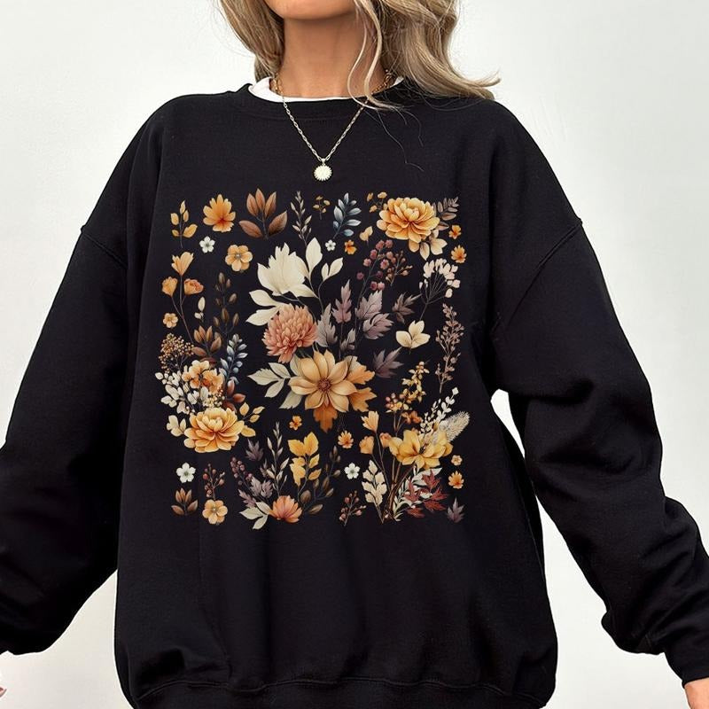 Wildflower Autumn Shirts, Vintage Pressed Flowers Sweatshirt, Shirt For Women, Fall T-shirts, Autumn Sweatshirt, Autumn Floral Sweater, Thanksgiving Shirt, Vintage Fall T-shirt, Women's Tops, Natural Lover Gift, Fall Floral Sweatshirt