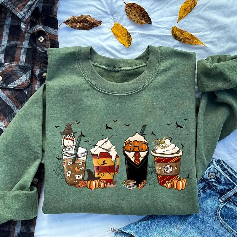 Wizard Fall Coffee Sweatshirt, Coffee Witch Shirt, Wizard Crewneck, Vintage Halloween Shirt, Coffee Fall Sweater, Autumn Sweatshirt For Coffee Lover, Witch Vibes Hoodie