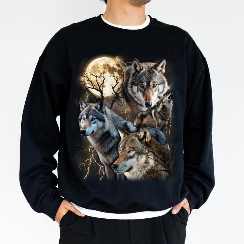Wolf 90s Vintage Sweatshirt, Retro Howling Wolf Crewneck, Nature Moon Alpha Long Sleeved Pullover, Gift For Him