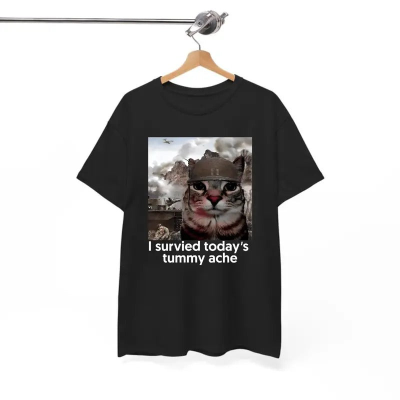 I Survived Todays Tummy Ache Meme T-Shirt, For Men/Women - Unisex Style, 100% Cotton, Menswear Tops Streetwear Tshirt graphic  tees