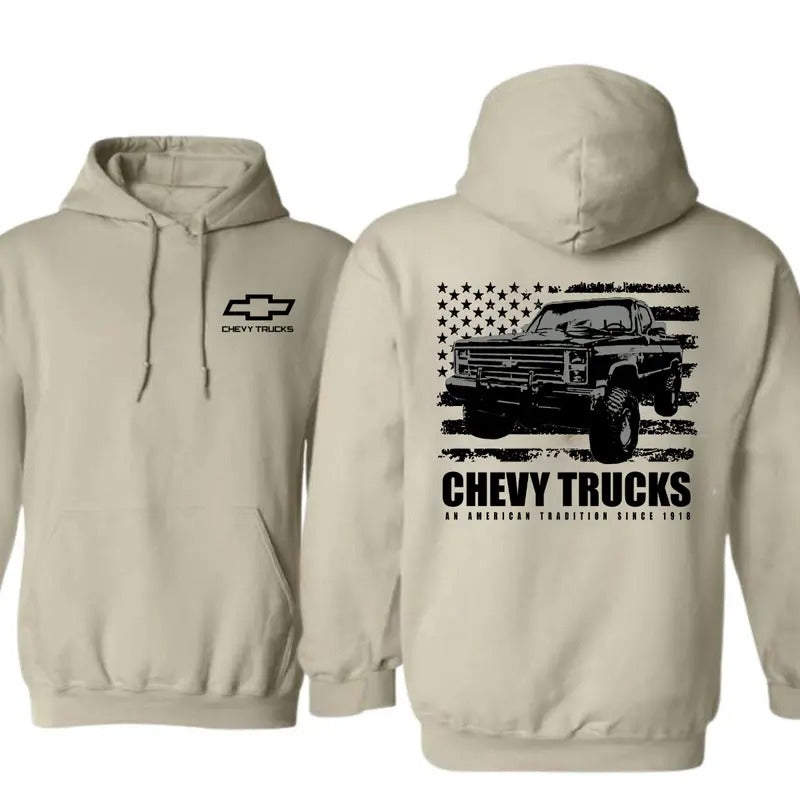 Chevy Truck Featuring American Flag 2 Sided Hoodie/Sweatshirt/T-Shirt, For Men/Women - Unisex Style, 100% Cotton, Pullover unisex hoodie