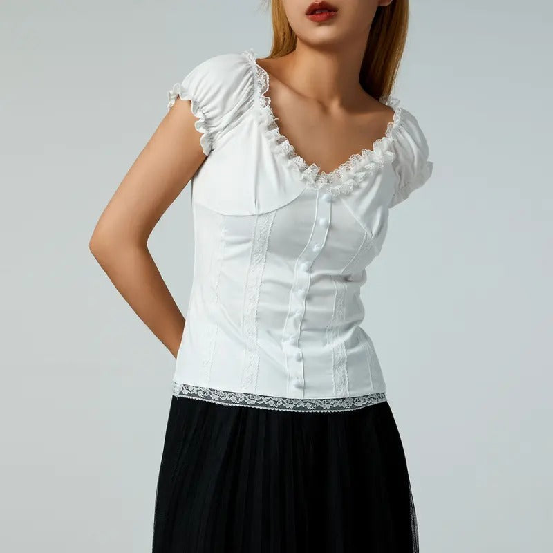 Women Y2k Girls Fairy Shirt 90s E-Girl Vintage T- Shirt Short Sleeve Lace Ruffle Hem Buttons Decor Tee Shirt Crop Top Party Streetwear