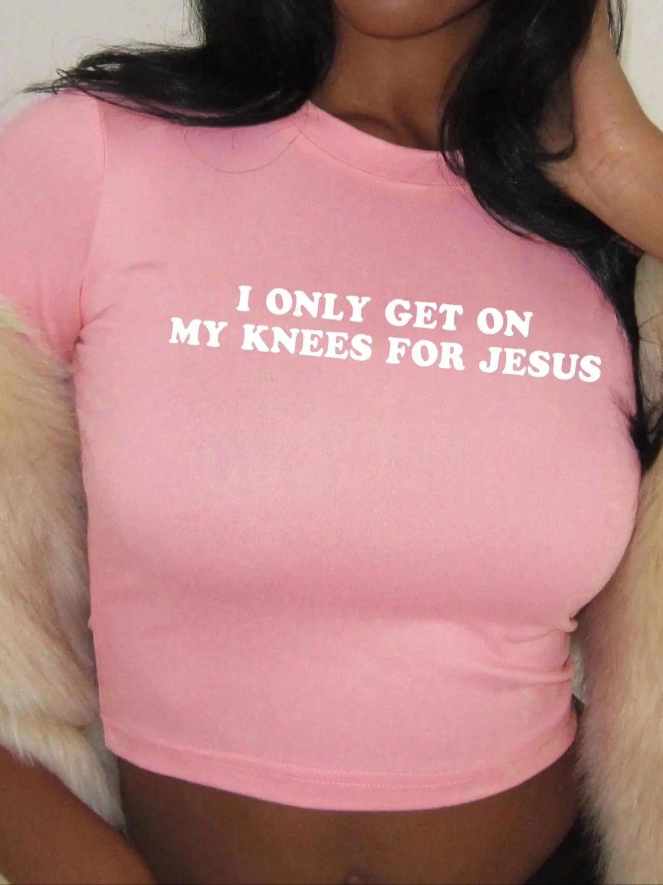 Women's "I Only Get on My Knees for Jesus" Slogan Print Round Neck Crop Tee, Vintage Trendy Casual Short Sleeve T-shirt for Daily Wear, Ladies Summer Clothes
