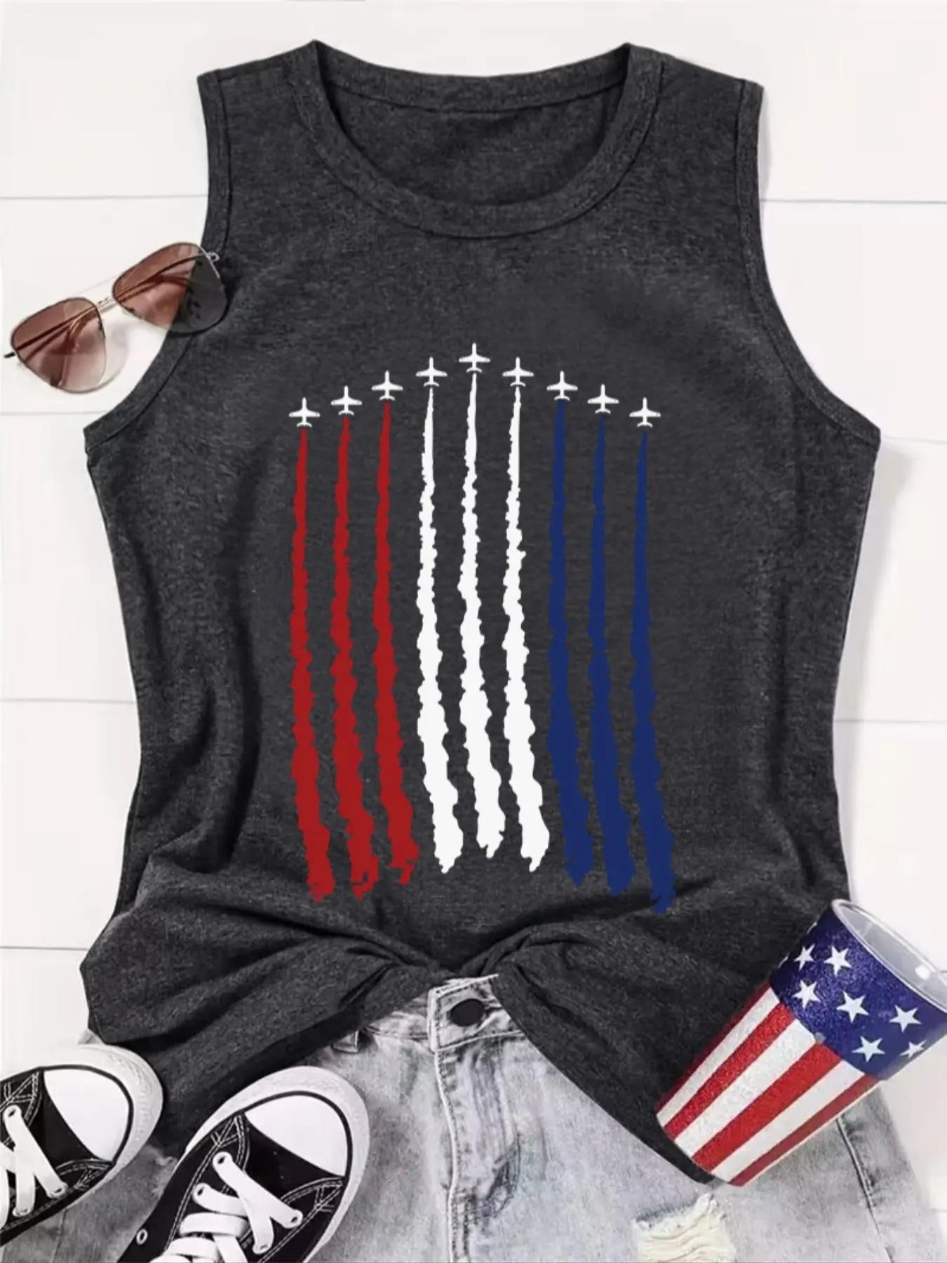 Women's Airplane Print Round Neck Tank Top, Casual Sleeveless Graphic Top for Summer, Women's Top for Daily Wear