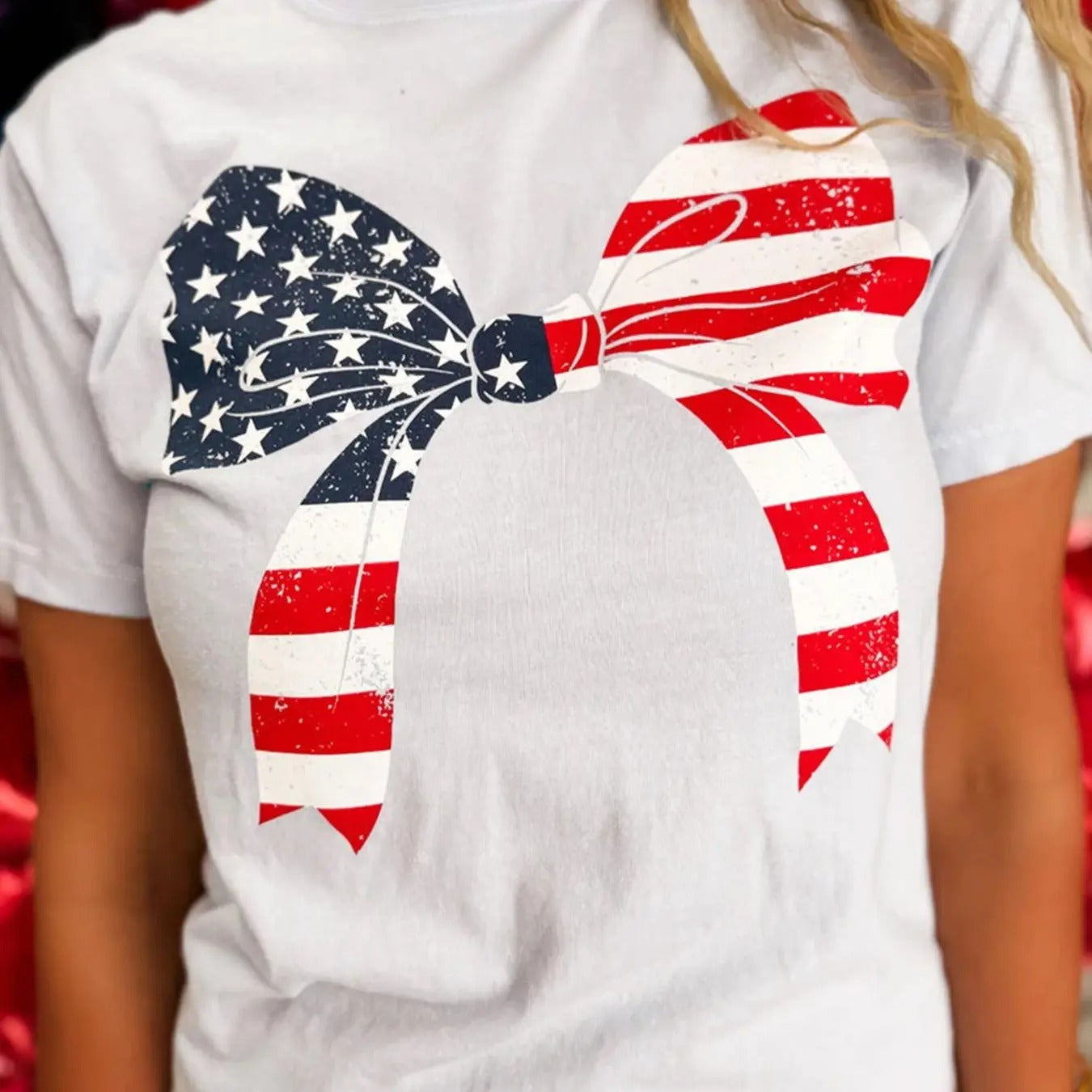 Women's American Flag & Bow Print Round Neck Tee, Casual Short Sleeve Crew Neck T-shirt for Summer, Women's Top for Daily Wear