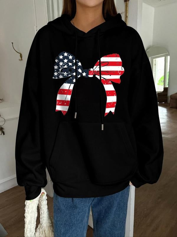Women's American Flag Bowknot Print Thermal Lined  Hoodie, Fashion Casual Drawstring Pocket Hooded Sweatshirt for Daily Holiday Outdoor Wear, Women Clothing for Fall & Winter