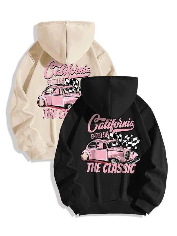 Women's Car Print Drawstring Pocket Drop Shoulder Hoodie, Fashion Casual Letter Graphic Hooded Sweatshirt for Daily Holiday Outdoor Wear, Women Clothes for Fall & Winter