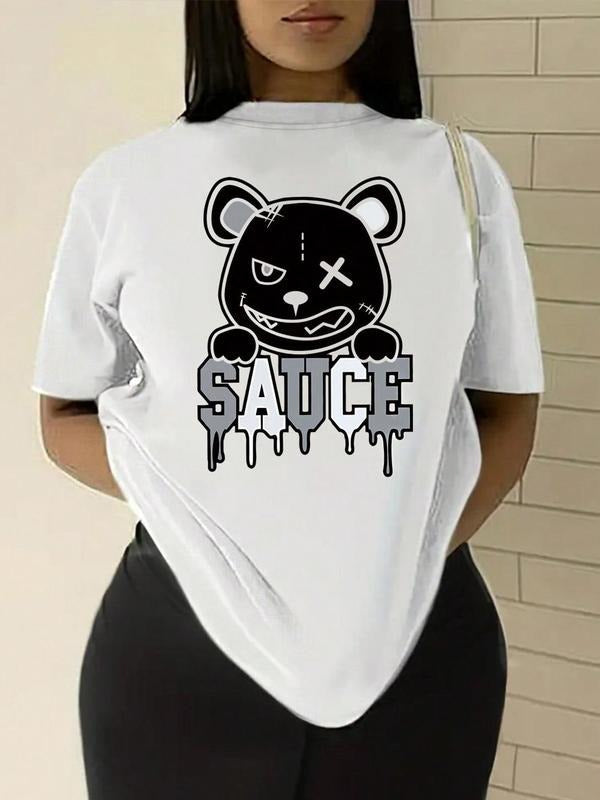 Women's Cartoon Bear Print Round Neck Graphic Tee, Vintage Trendy Casual Short Sleeve T-shirt For Daily Wear, Ladies All-match Clothes Tops