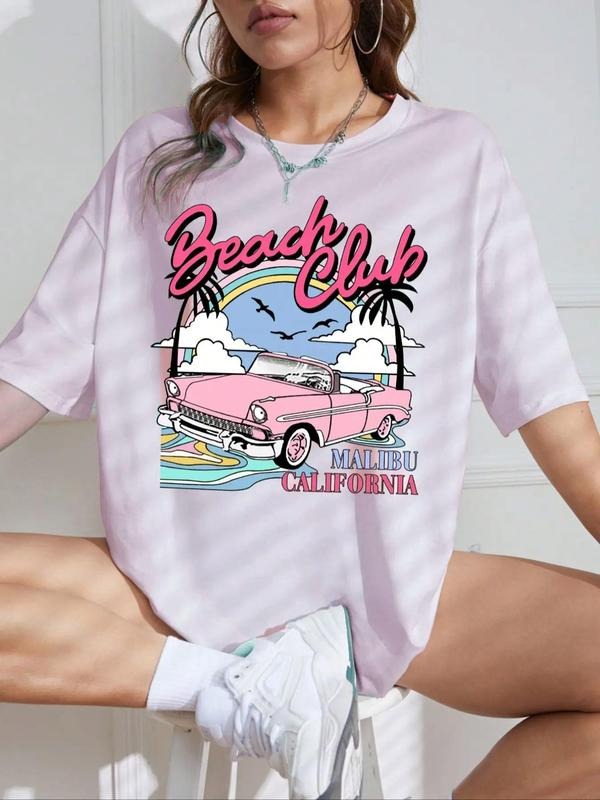 Women's Cartoon Car & Letter Graphic Drop Shoulder Tee, Fashion Casual Round Neck Half Sleeve T-Shirt for Summer, Ladies Clothes for Daily Wear