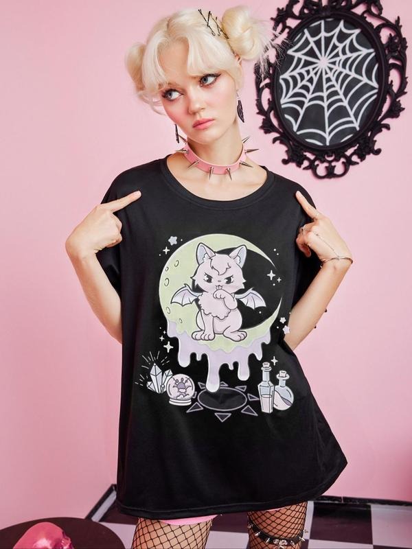 Women's Cartoon Cat & Moon Print Round Neck Short Sleeve Graphic Fitted Tee, Summer Clothes Women, Vintage Trendy Casual T-shirt, Ladies Summer Outfit