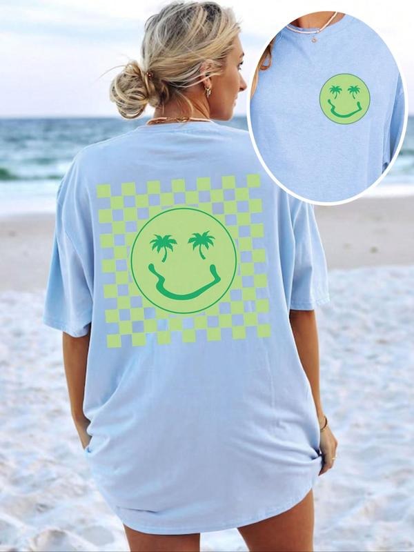 Women's Cartoon Face Checkerboard Print Round Neck Graphic Tee, Vintage Trendy Casual Drop Shoulder Half Sleeve T-shirt for Daily Wear, Ladies Summer Outfit