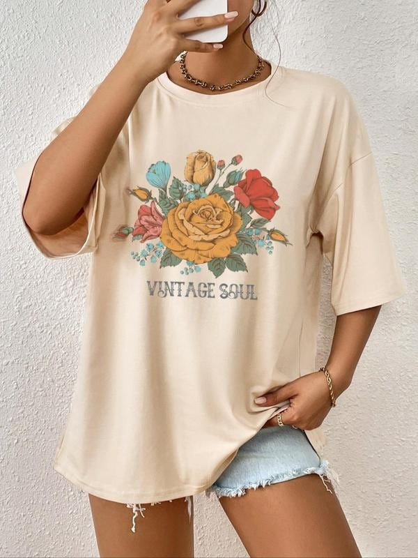 Women's Cartoon Floral Graphic Print Round Neck Tee, Fashion Casual Drop Shoulder Short Sleeve T-shirt for Daily Wear, Ladies Summer Clothes