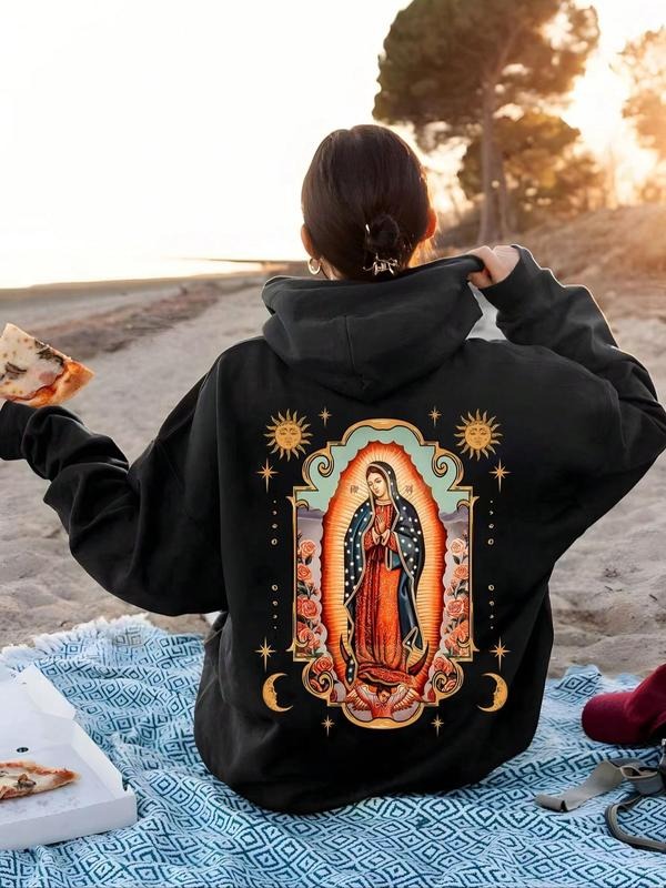 Women's Cartoon Graphic Print Drawstring Pocket Hoodie, Casual Fashion Drop Shoulder Long Sleeve Hooded Sweatshirt for Spring Fall Winter, Women's Clothes for Daily Wear