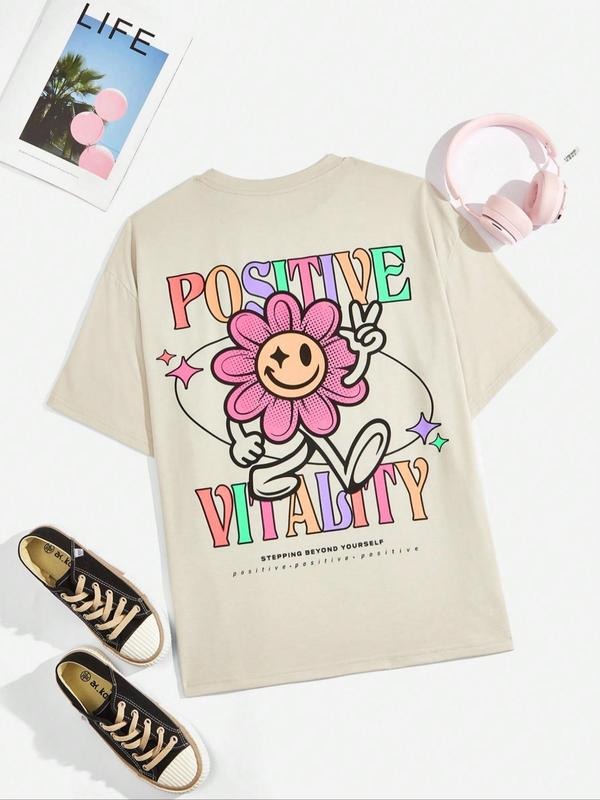 Women's Cartoon Graphic Print Round Neck Drop Shoulder Tee, Summer Clothes Women Casual Letter Print Short Sleeve T-Shirt for Summer, Women's Top for Daily Wear