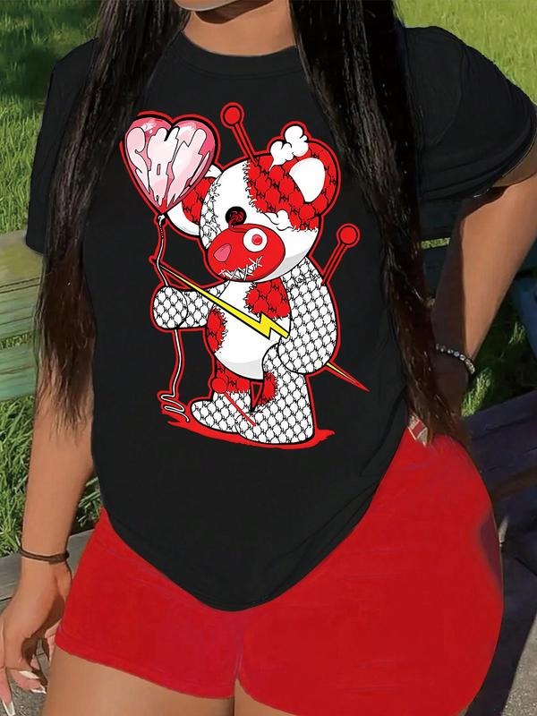 Women's Cartoon Graphic Print Round Neck Tee, Fashion Casual Short Sleeve T-Shirt for Summer, Women's Top for Daily Wear