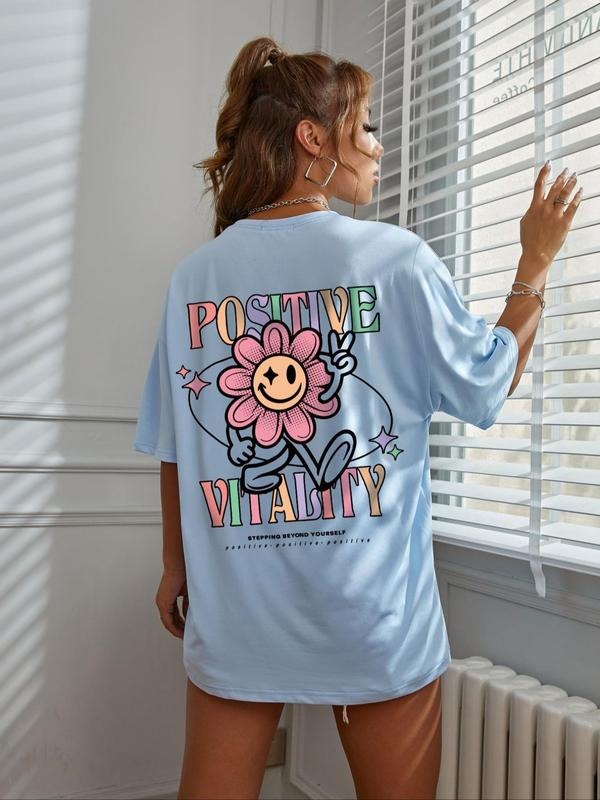 Women's Cartoon Graphic Print Round Neck Tee, Trendy Casual Drop Shoulder Short Sleeve T-shirt for Daily Wear, Ladies Summer Outfit