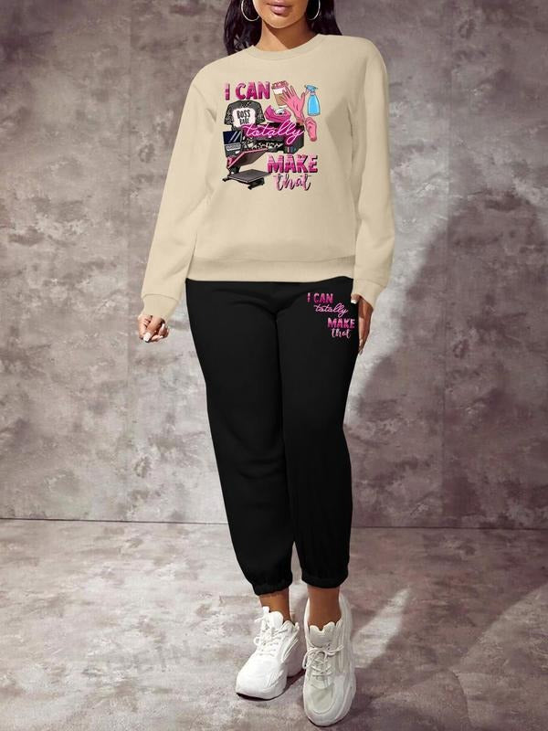 Women's Cartoon Graphic Print Sweatshirt & Sweatpants Two-piece Set, Casual Fashion Round Neck Long Sleeve Pullover & Jogger Pants for Daily Wear, Ladies Two-piece Outfits for All Seasons