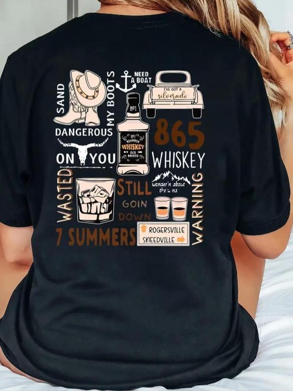 Women's Cartoon Graphic Round Neck Tee, Vintage Letter Print Casual Short Sleeve T-shirt for Daily Wear, Ladies Summer Top, Vintage Graphic Tees