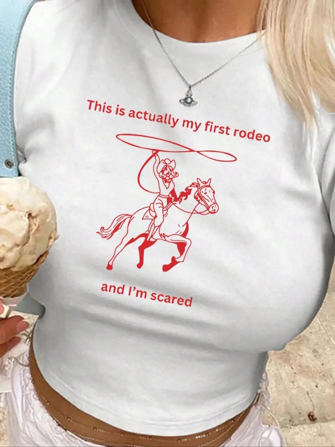 Women's Cartoon Horse & Letter Print Round Neck Graphic Tee, Vintage Trendy Casual Short Sleeve T-shirt For Daily Wear, Ladies Summer Outfit