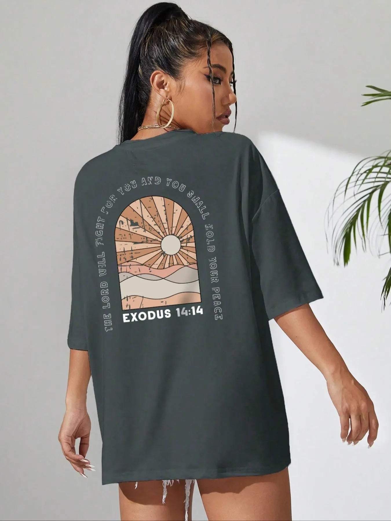 Women's Cartoon Landscape & Letter Print Round Neck Tee, Casual Graphic Drop Shoulder Half Sleeve T-Shirt for Summer, Ladies Clothes for Daily Wear