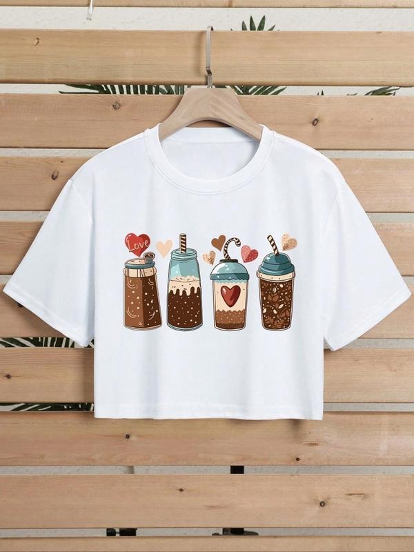 Women's Cartoon Milk Bottle Print Round Neck Cute Graphic Tee, Casual Fashion Drop Shoulder Short Sleeve T-Shirt for Daily Holiday Vacation Outdoor Wear, Ladies Clothes Tops