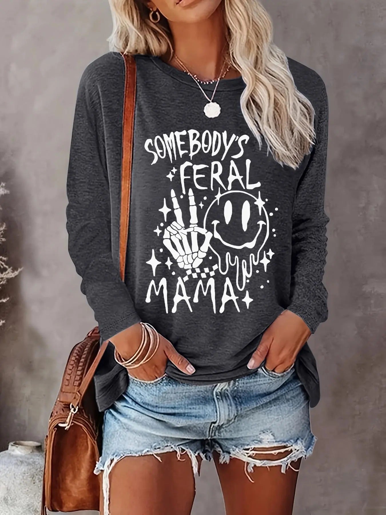 Women's Cartoon Print Drop Shoulder Graphic Tee, Casual Letter Print Long Sleeve Round Neck T-shirt for Spring & Fall, Women's Top for Daily Wear