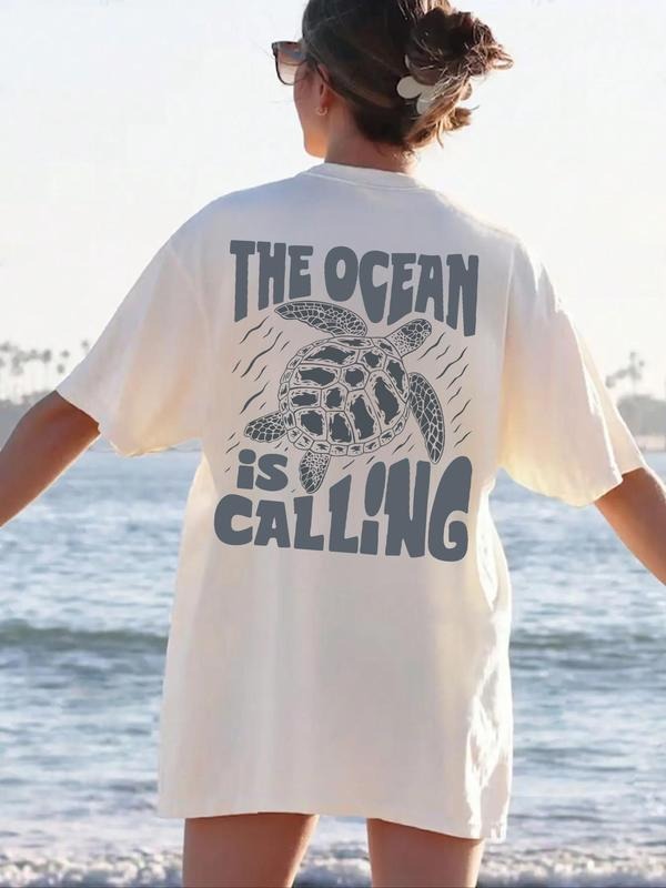 Women's Cartoon Turtle Graphic Print Round Neck Tee, Fashion Casual Drop Shoulder Short Sleeve T-shirt, Ladies Summer Clothes for Daily Wear