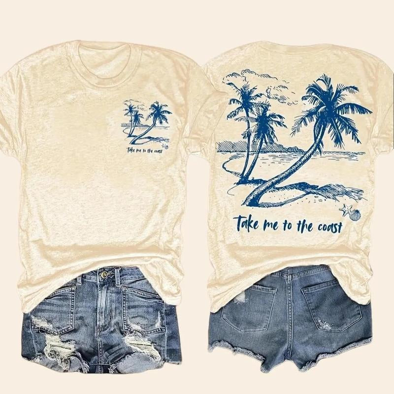 Women's Casual Palm Tree Graphic Tee - Short Sleeve Crew Neck, Soft Viscose Blend, Tropical Beach Print, Summer & Spring Essential,