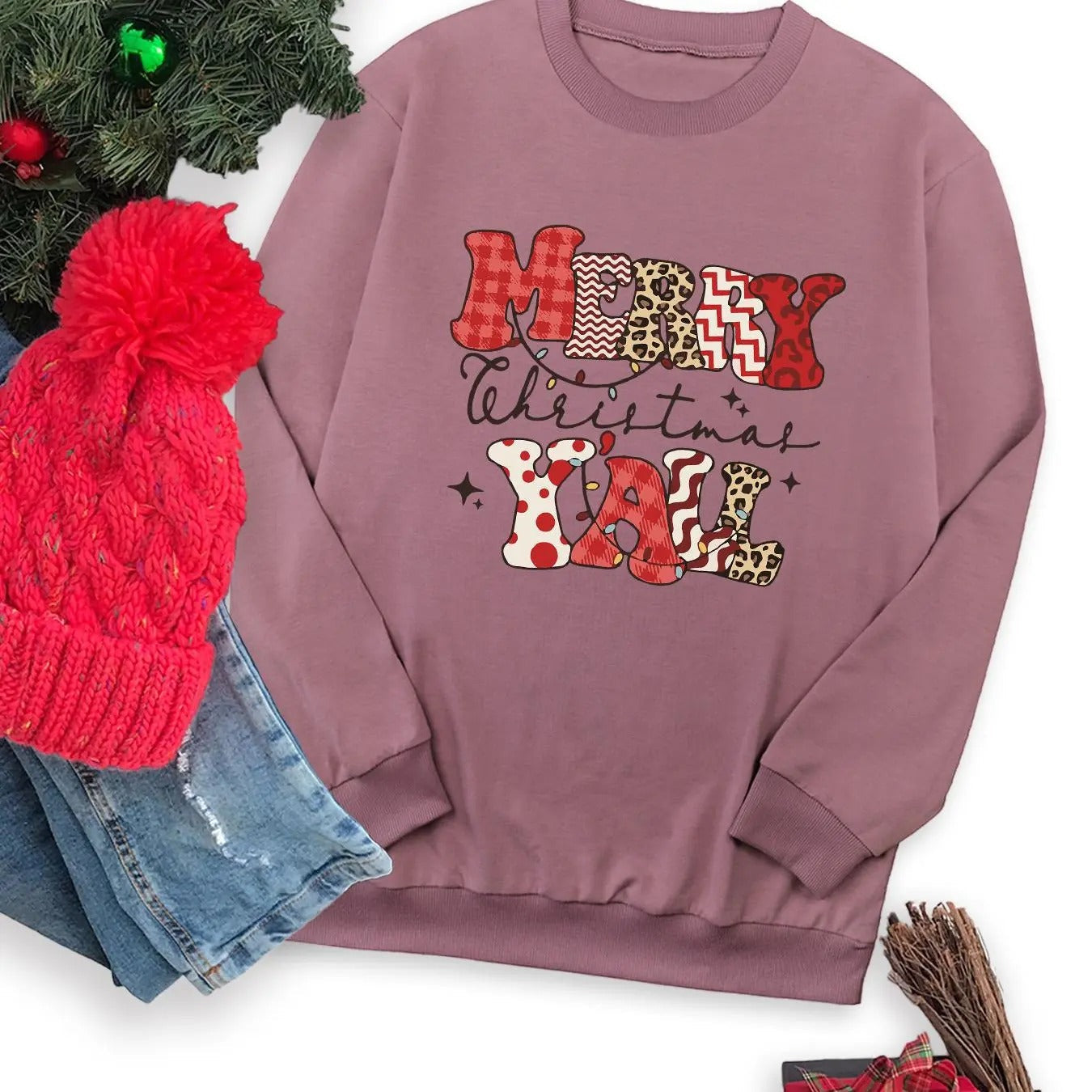 Women's Christmas Letter Graphic Drop Shoulder Sweatshirt, Casual Long Sleeve Round Neck Pullover for Fall & Winter, Ladies Clothes for Daily Wear