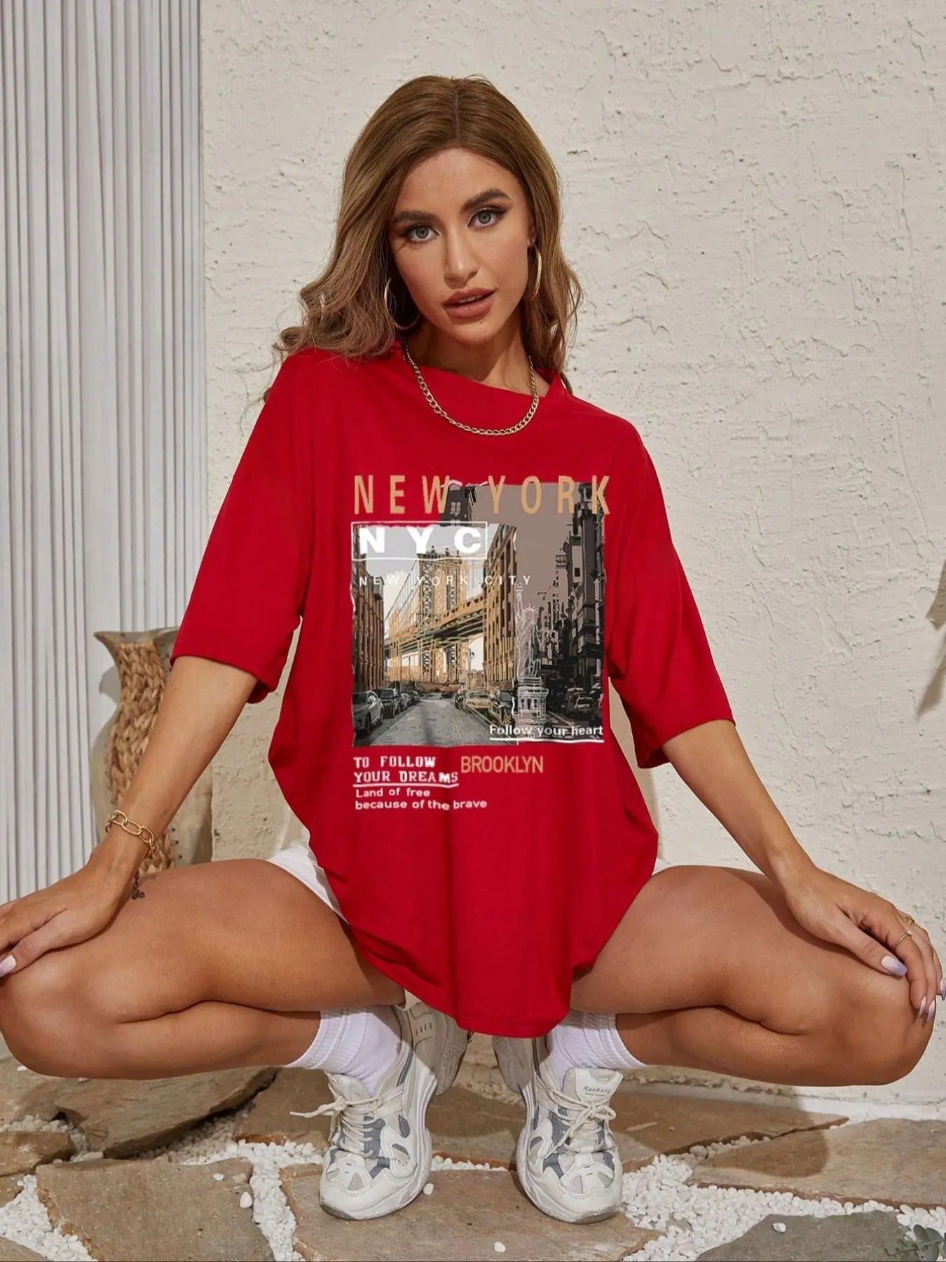 Women's City Landscape Print Round Neck Graphic Tee, Vintage Letter Print Drop Shoulder Half Sleeve T-shirt for Daily Wear, Ladies Summer Outfit