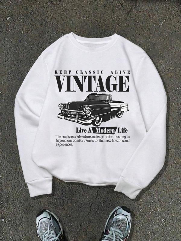 Women's Classic Car Print Crew Neck Sweatshirt, Casual Long Sleeve Pullover for Fall & Winter, Women's Clothes for Daily Wear