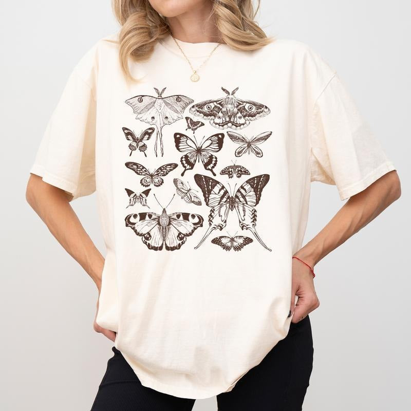 Women's Cottagecore Butterfly and Moth Shirt Comfort Colors, Vintage Aesthetic Tee, Boho Butterflies Tops, Moth T-shirt, Soft Cotton Fabric Womenswear