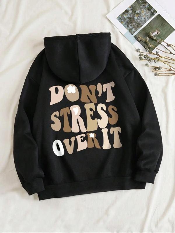 Women's Dont Stress Over It Print Drop Shoulder Hoodie, Fashion Casual Slogan Graphic Drawstring Pocket Hooded Sweatshirt, Women Clothes for Spring & Fall