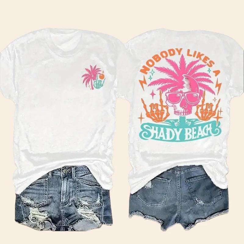 Women's Double-Sided Skull & Palm Tree Print T-Shirt - 180g 100% Slim Fit Casual Short Sleeve Round Neck Tee, Machine Washable Summer Beachwear Top with "Nobody Likes a Shady Beach" Graphic