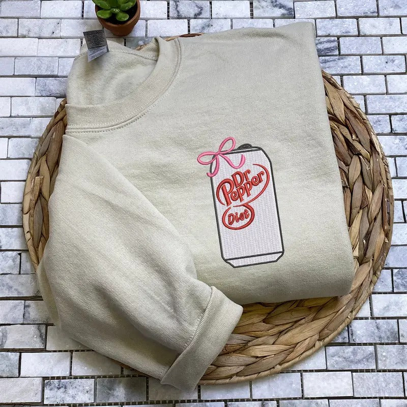 Women's Dr Pepper Diet Embroidered Crewneck Sweatshirt, Casual Long Sleeve Crewneck Pullover, Aesthetic Soda Can Graphic