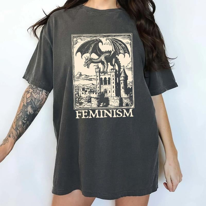 Women's Feminism Dragon Fantasy Shirt Comfort Colors, Vintage Dragon Graphic Tee, Aesthetic Feminist Tees, Women's Rights Tops, Girl's Power T-shirt