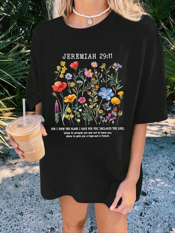 Women's Floral & Letter Print Round Neck Tee, Vintage Trendy Casual Drop Shoulder Half Sleeve T-shirt for Daily Wear, Ladies Summer Outfit