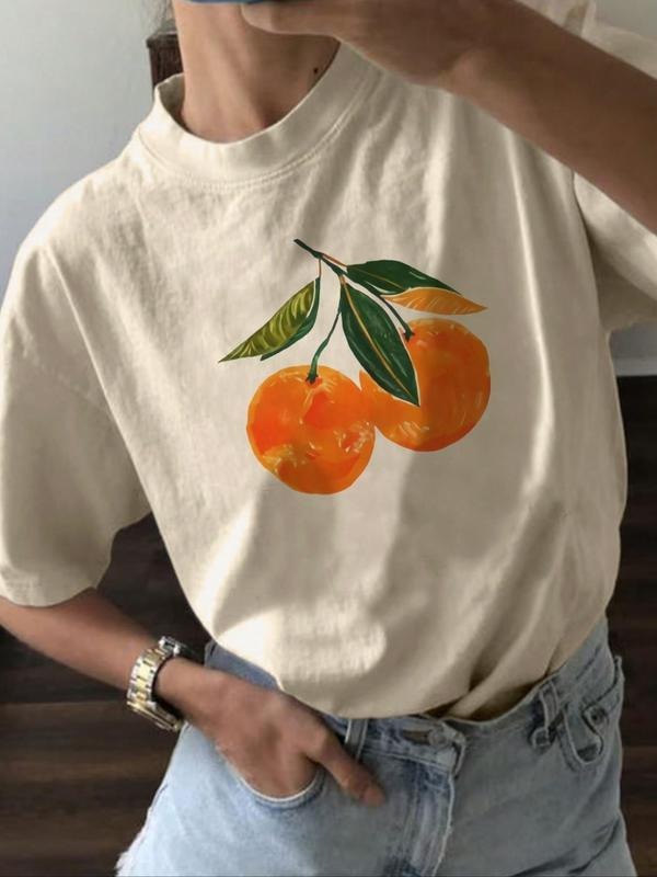 Women's Fruit Print Round Neck Graphic Tee, Casual Vintage Drop Shoulder Short Sleeve T-Shirt for Summer, Ladies Clothes for Daily Wear