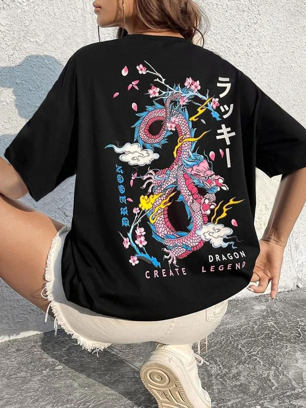 Women's Graphic Half Sleeve Crew Neck Tee, Black Graphic Summer T-shirt, Casual Loose Drop Shoulder Top, Women Teen Girls Clothes