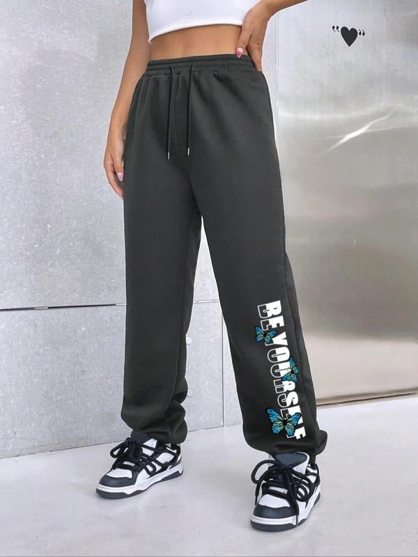 Women's Graphic Pocket Drawstring Sweatpants, Casual Jogger Pants for Women, Comfort Womenswear, Lady Bottom, Comfy Trousers for Fall & Winter, Sweatpants for Women Daily Wear