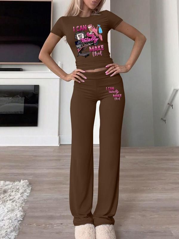 Women's Graphic Print Crop Tee & Flare Leg Pants Two-piece Set, Casual Fashion Cozy Round Neck Short Sleeve T-shirt & Bell Bottom Trousers for Daily Outdoor Wear, Women's Clothing for Fall