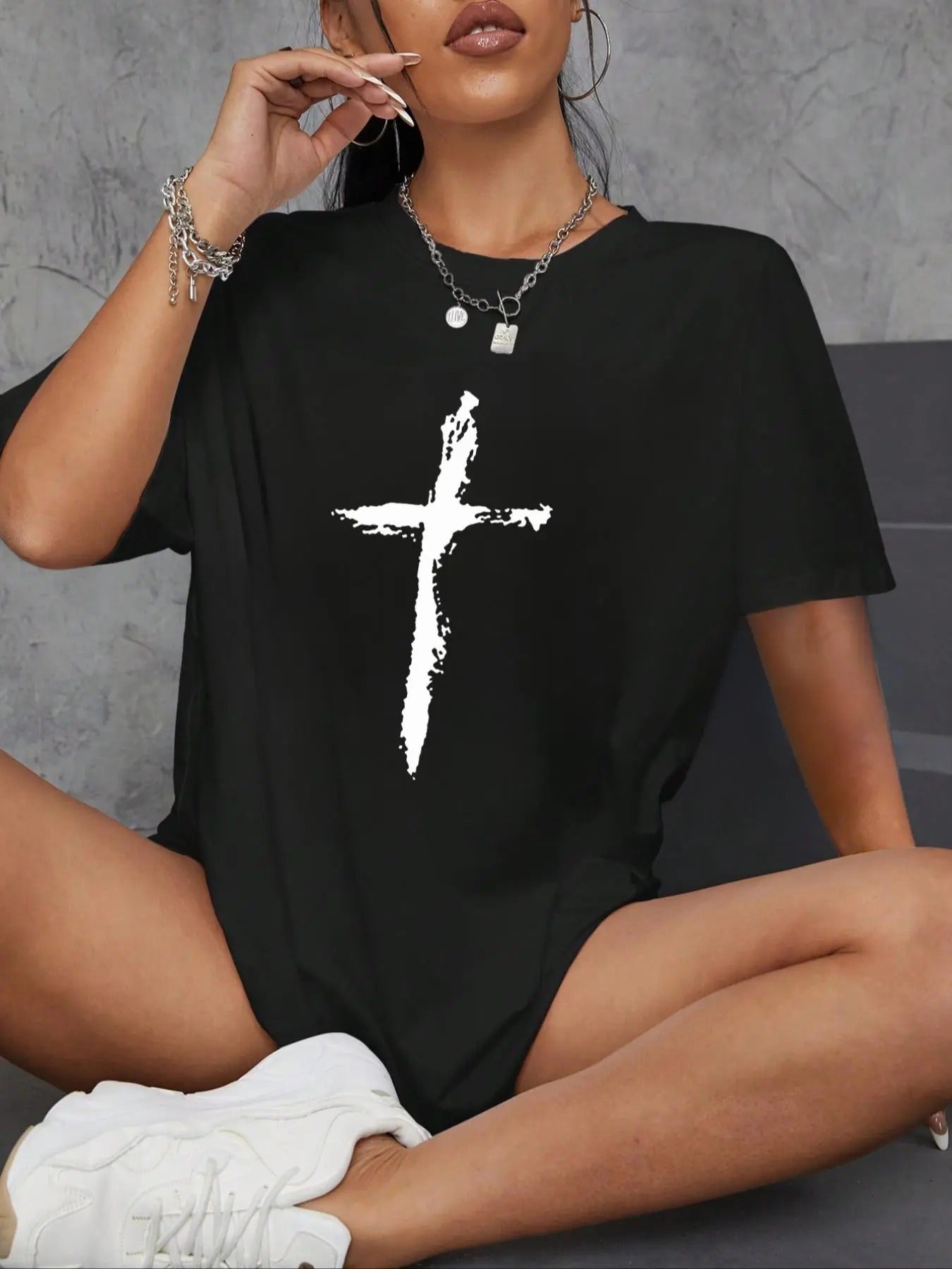 Women's Graphic Print Round Neck Tee, Summer Clothes Women, Casual Fashion Drop Shoulder Half Sleeve T-shirt for Summer, Ladies Clothes for Daily Wear