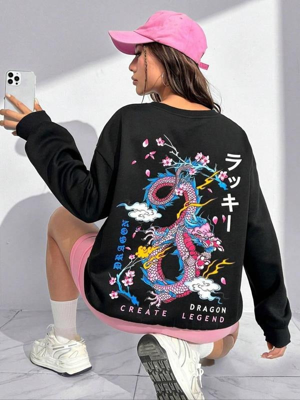 Women's Graphic Round Neck Drop Shoulder Sweatshirt, Casual Dragon Print Long Sleeve Crew Neck Pullover For Spring & Fall, Fashion Comfy Cozy Women's Top For Daily Wear