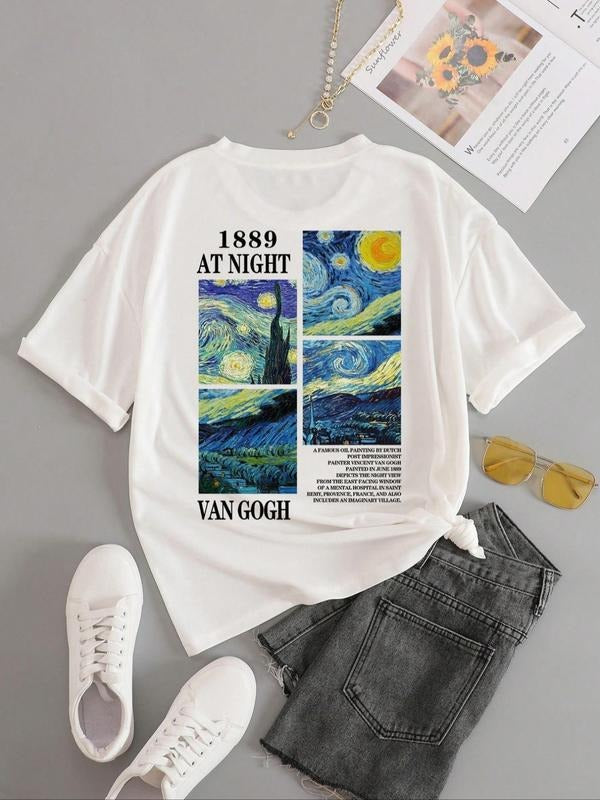 Women's Graphic Round Neck Drop Shoulder Tee, Printed Short Sleeve T-Shirt for Summer, Casual Daily Wear Top for Women