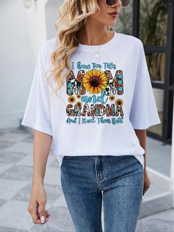 Women's Graphic Round Neck Regular Sleeve Tee, Sunflower & Letter Print Short Sleeve T-Shirt, Casual Crew Neck Top for Summer
