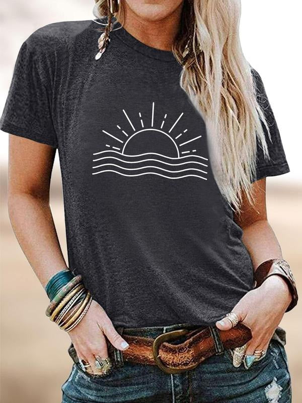 Women's Graphic Round Neck Tee, Summer Clothes Women, Simple Short Sleeve Crew Neck T-shirt, Comfort Womenswear for Lady, Casual Summer Clothes for Daily Wear