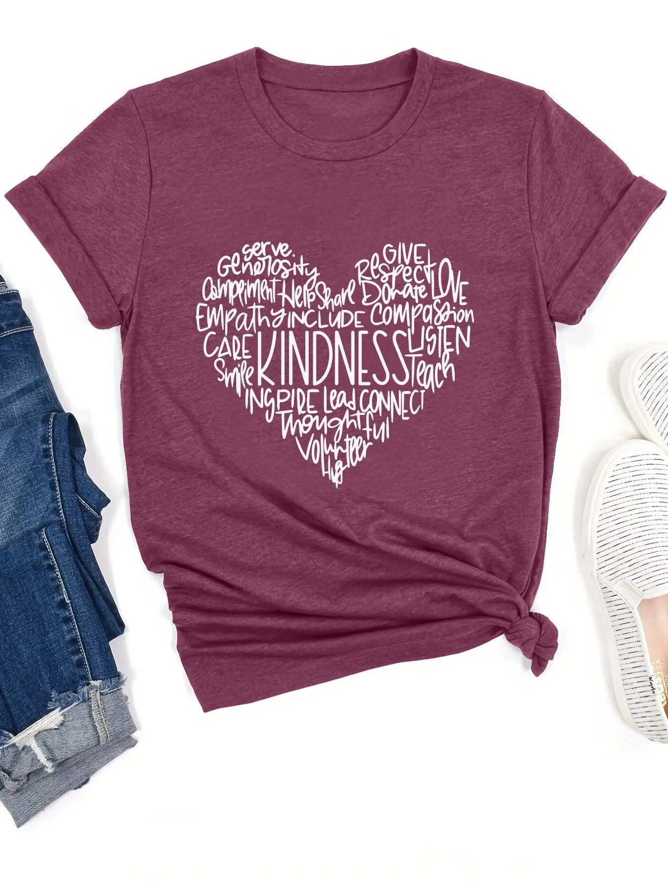 Women's Heart & Letter Print Round Neck Graphic Tee, Vintage Trendy Casual Short Sleeve T-shirt For Daily Wear, Ladies Summer Outfit Valentine's Day, gift